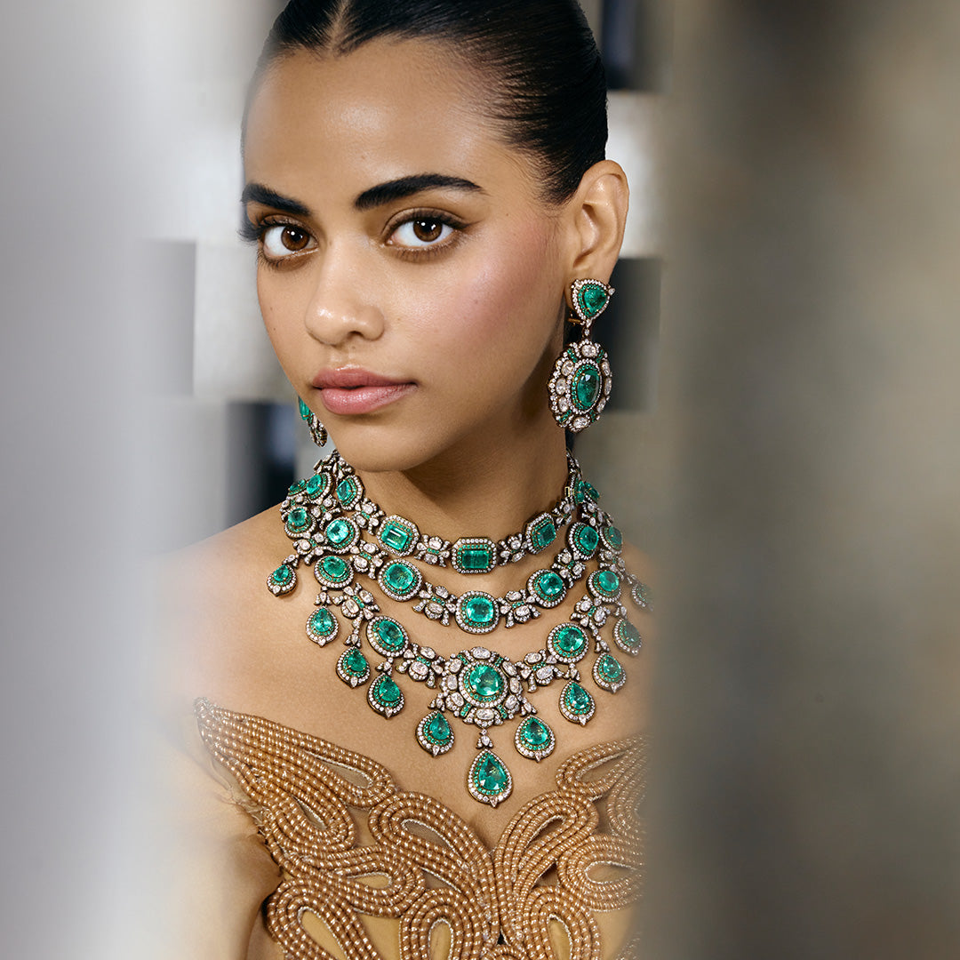 Cascading Facets Emerald Necklace Set